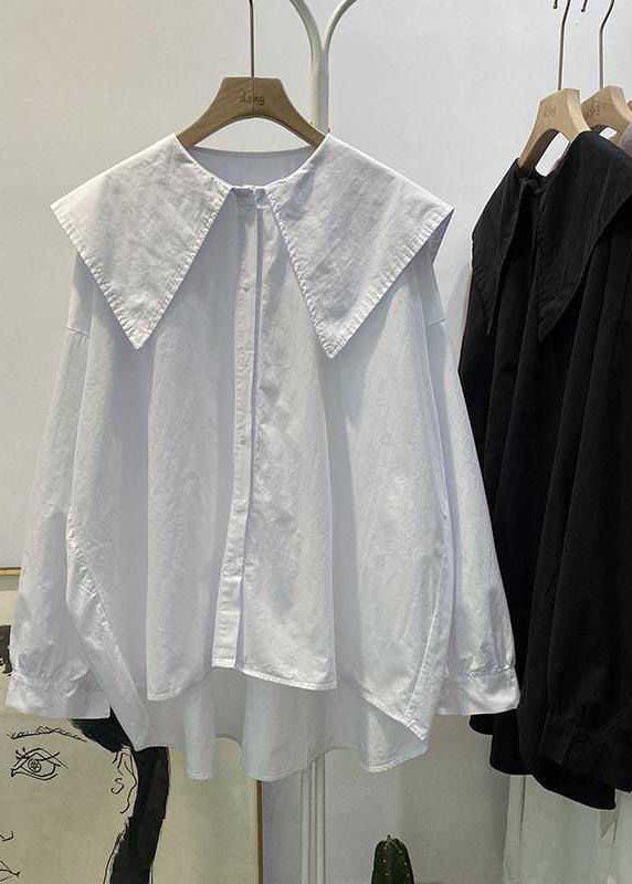 Print5 Peter Pan Collar Button Asymmetrical Design Fall Long Sleeve Top
