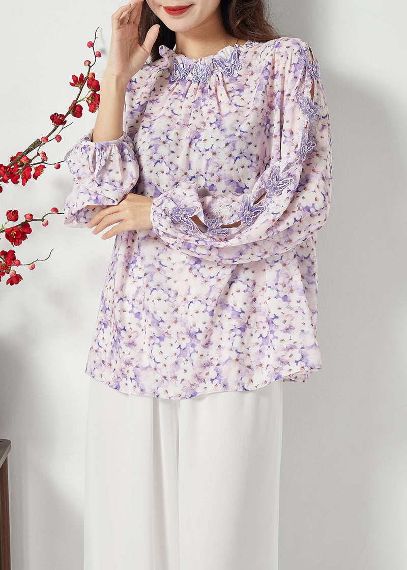 Purple Print Hollow Out Chiffon Blouses Spring
