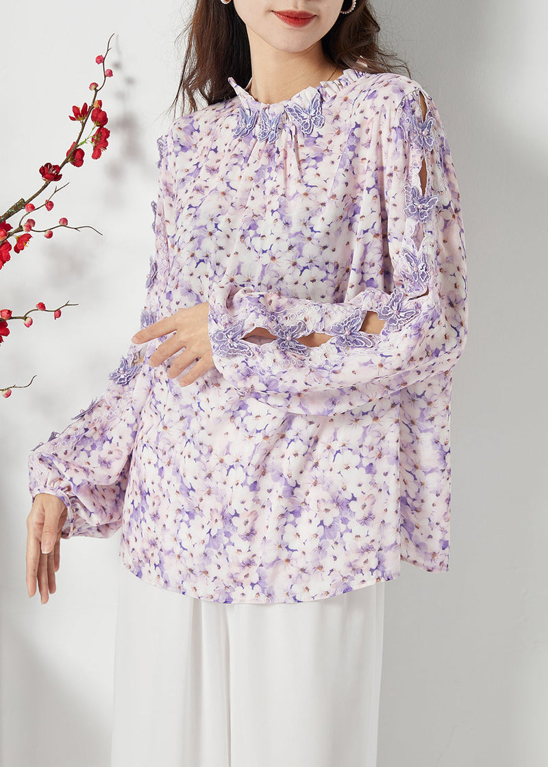 Purple Print Hollow Out Chiffon Blouses Spring