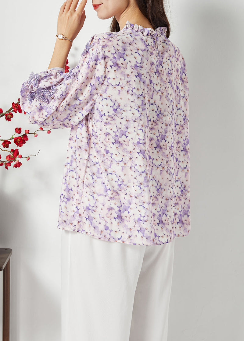 Purple Print Hollow Out Chiffon Blouses Spring