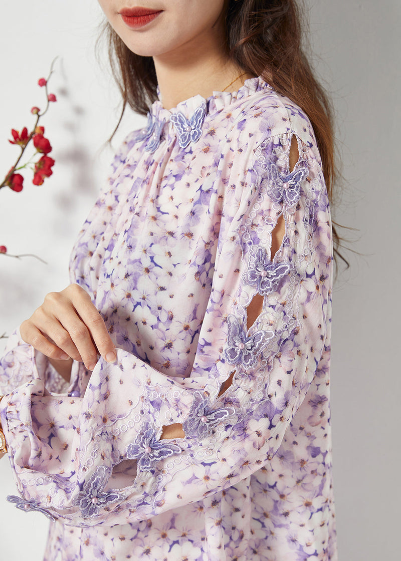 Purple Print Hollow Out Chiffon Blouses Spring