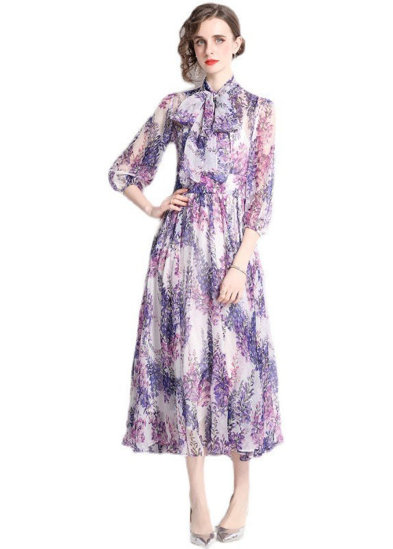 Purple Stand Collar Print Chiffon Long Dress Bracelet Sleeve
