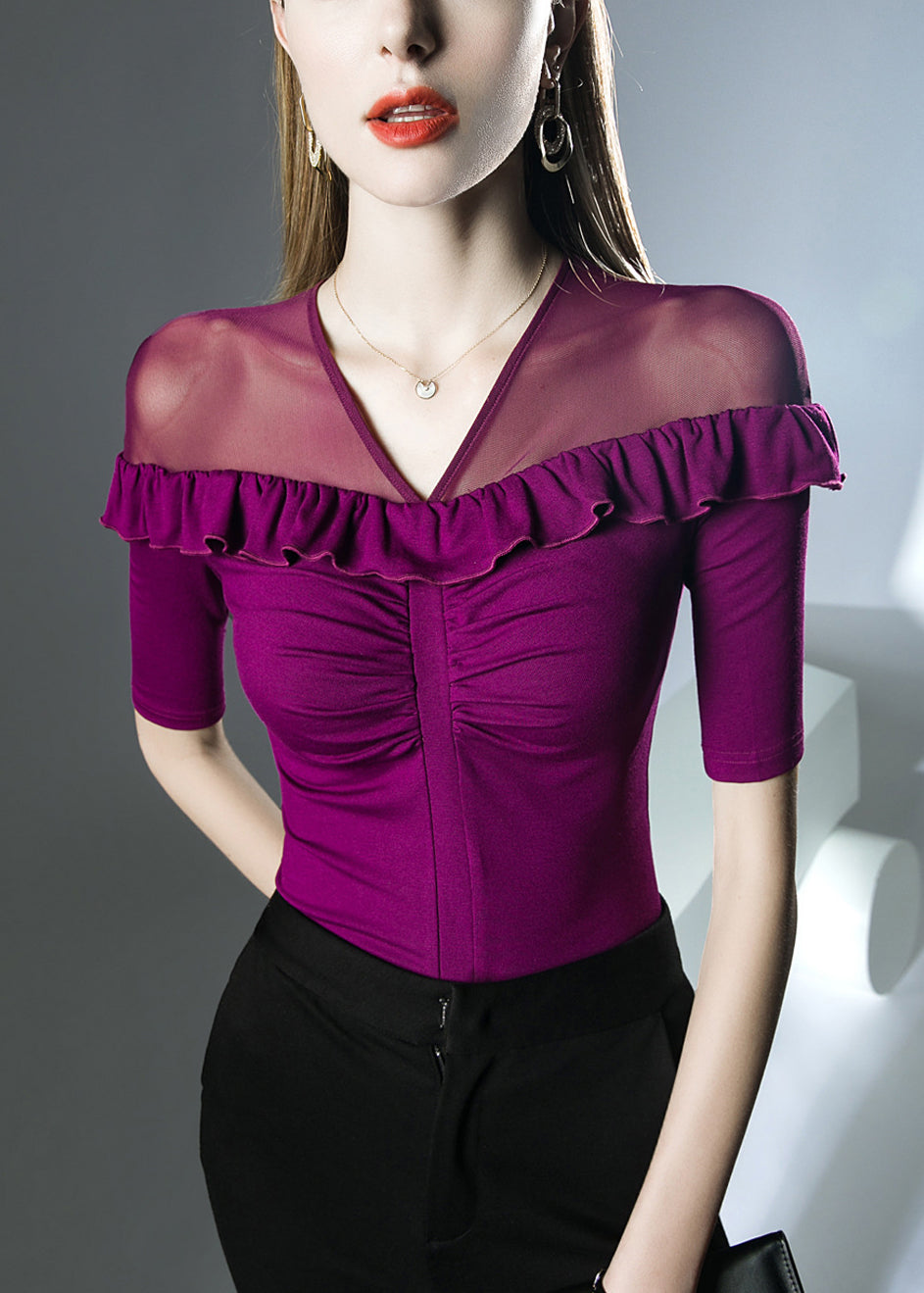 Purple Tulle Patchwork Top Half Sleeve