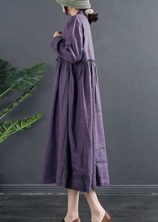 Purple Tunic Pattern Lapel Ruffles Long Dress