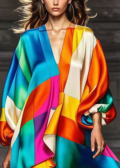 Rainbow Asymmetrical Patchwork Silk Party Dress Spring