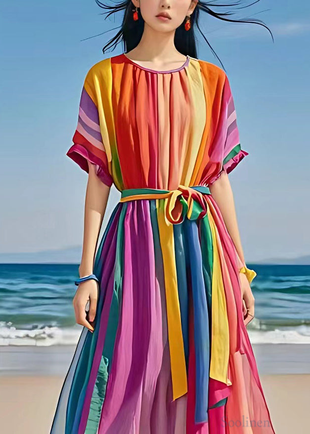 Rainbow O Neck Tie Waist Holiday Dress Summer