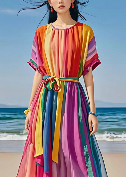 Rainbow O Neck Tie Waist Holiday Dress Summer