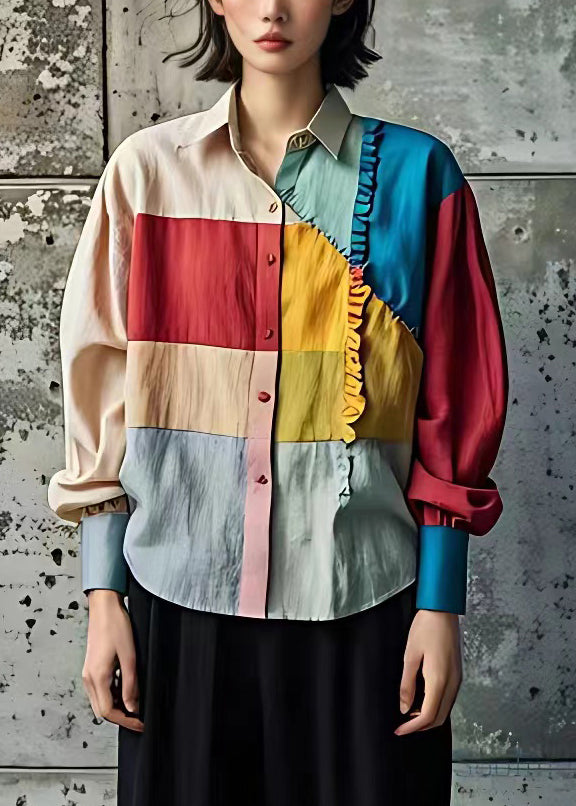 Rainbow Ruffled Patchwork Button Tops Long Sleeve