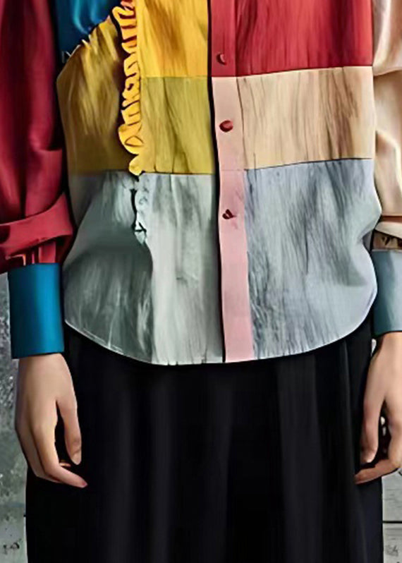 Rainbow Ruffled Patchwork Button Tops Long Sleeve