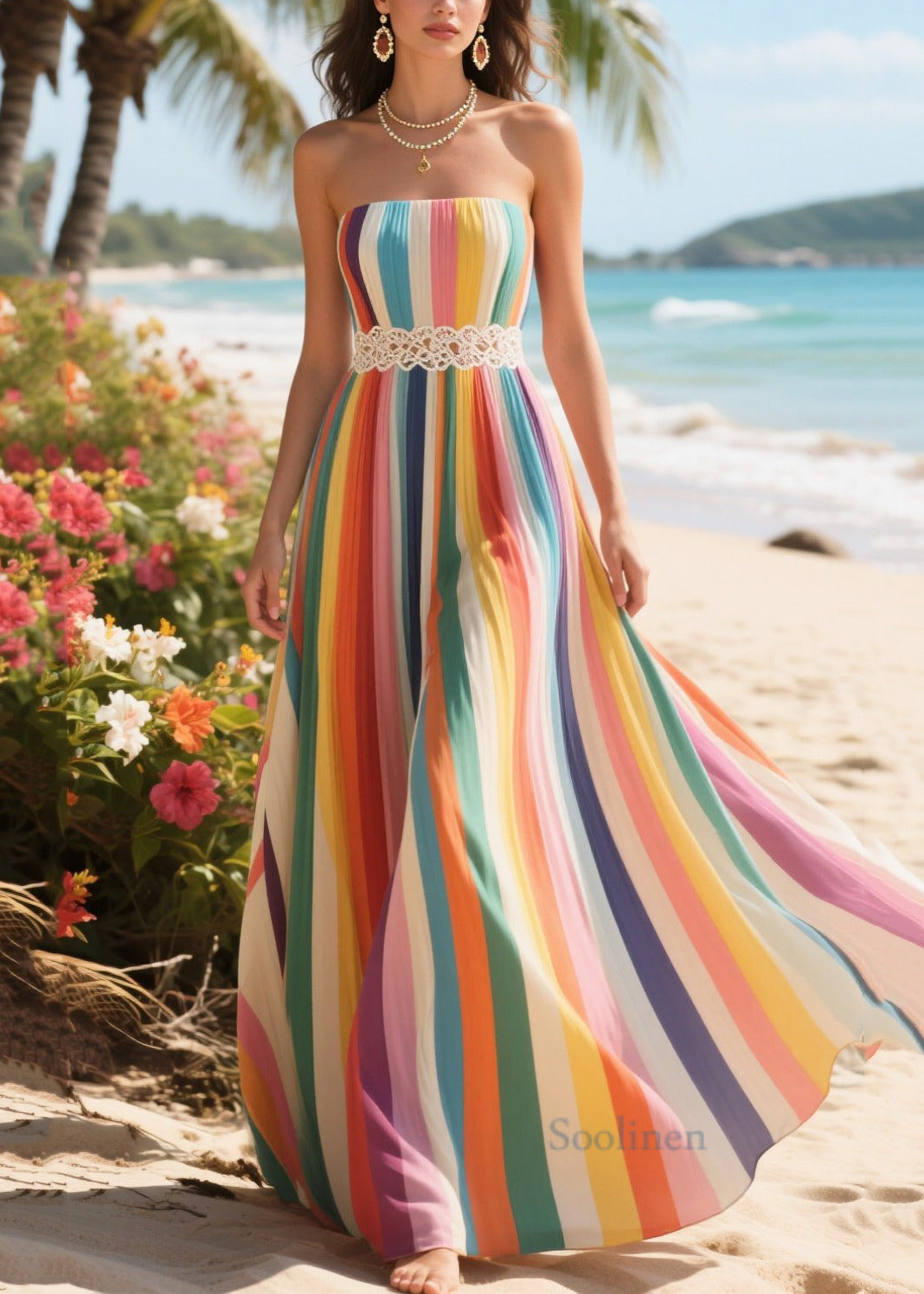 Rainbow Striped Chiffon Strapless Dresses Summer