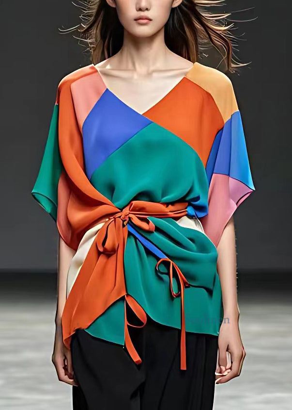 Rainbow Tie Waist Chiffon Shirts Short Sleeve