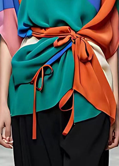 Rainbow Tie Waist Chiffon Shirts Short Sleeve