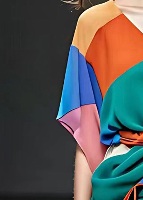 Rainbow Tie Waist Chiffon Shirts Short Sleeve