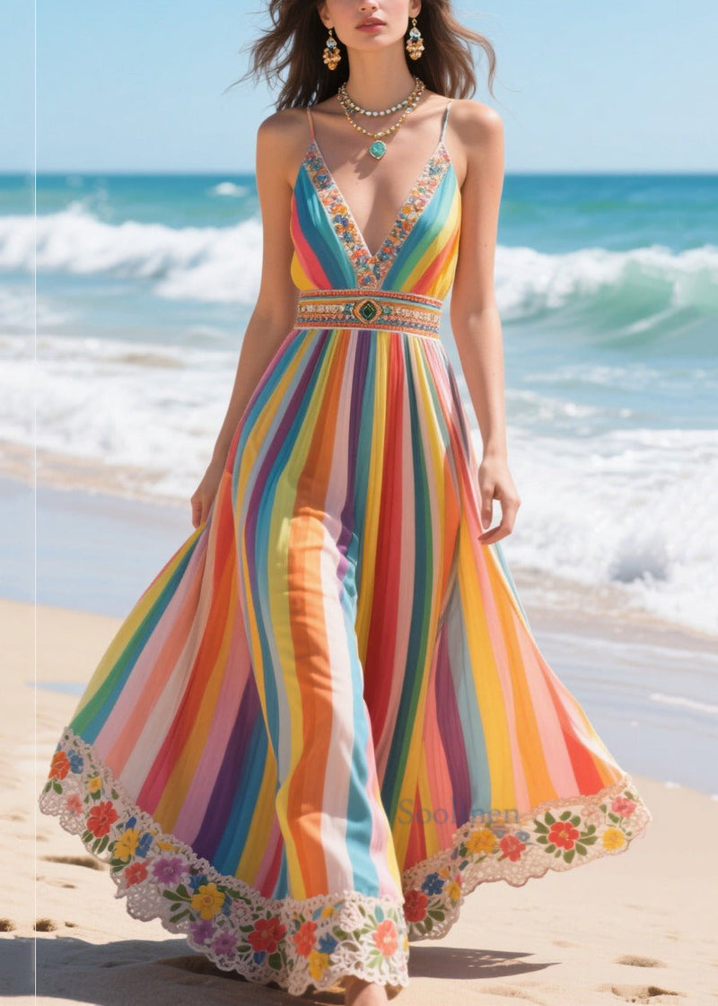 Rainbow V Neck Striped Chiffon Spaghetti Strap Dress Summer