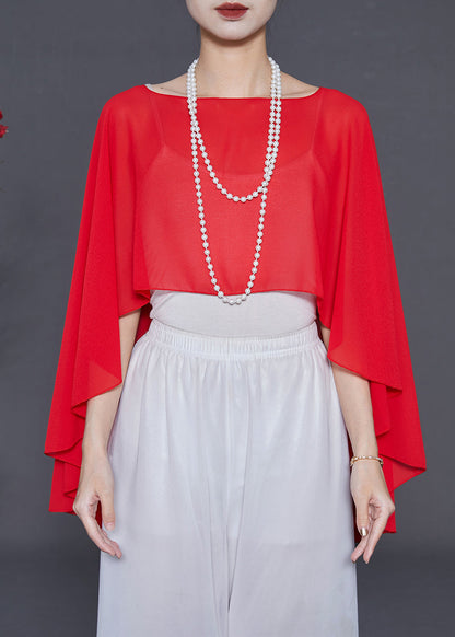 Red Asymmetrical Design Chiffon Tops Summer