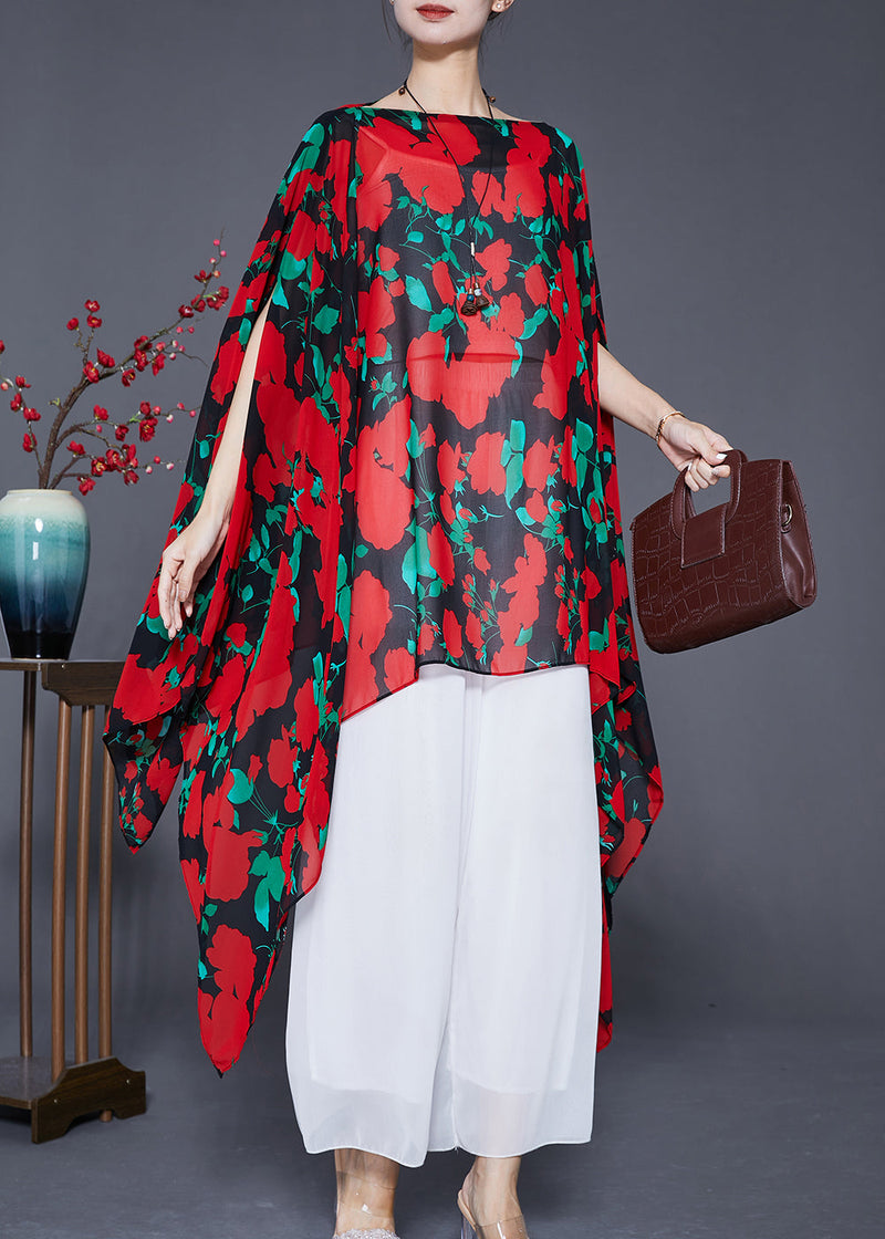 Red Asymmetrical Print Chiffon Long Smock Batwing Sleeve