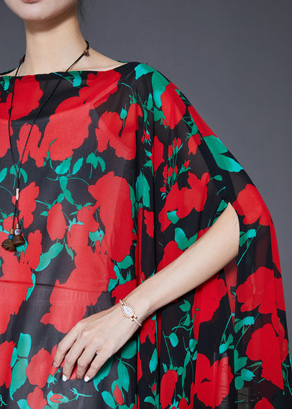 Red Asymmetrical Print Chiffon Long Smock Batwing Sleeve