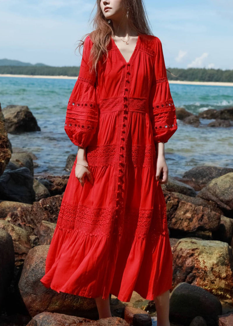Red Hollow Out Lace Button Shirts Dress Lantern Sleeve