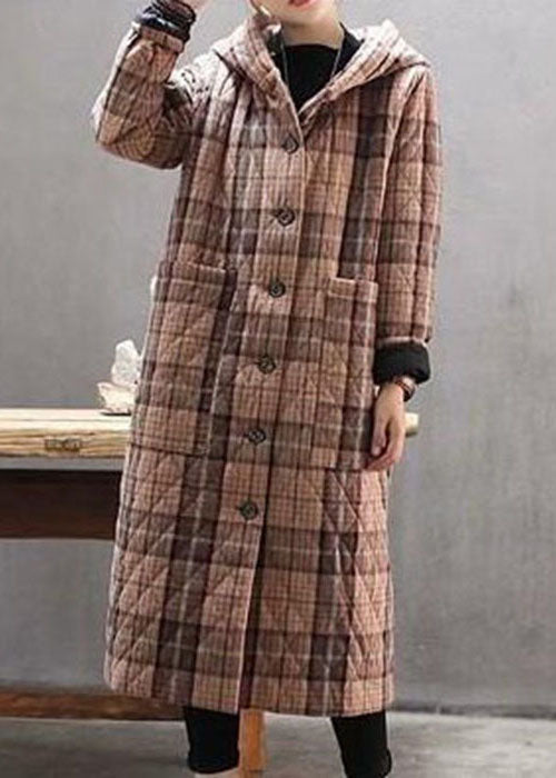 Red Hooded Plaid Pockets Fine Cotton Filled Long Coat Outwear Winter