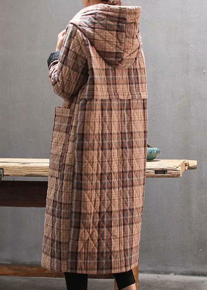 Red Hooded Plaid Pockets Fine Cotton Filled Long Coat Outwear Winter