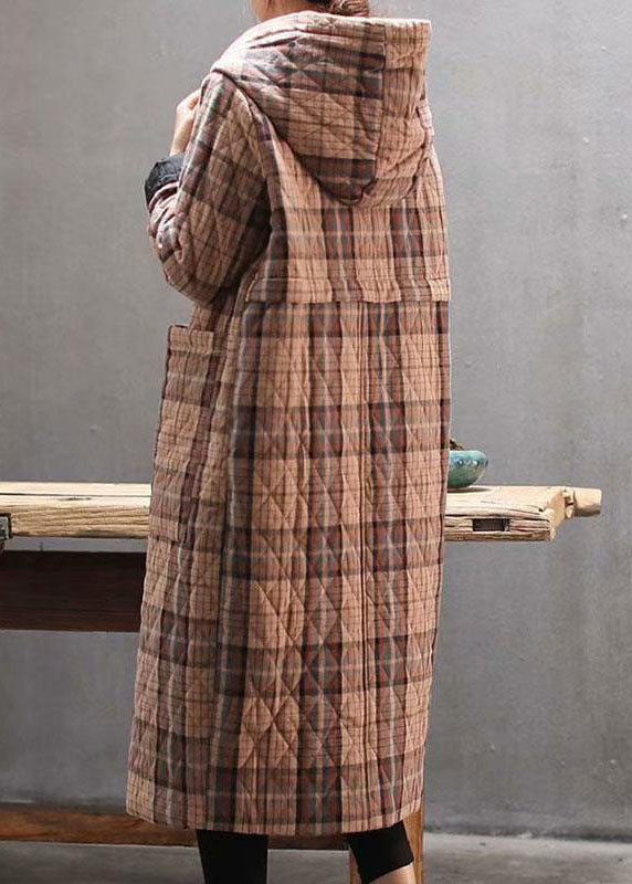Red Hooded Plaid Pockets Fine Cotton Filled Long Coat Outwear Winter