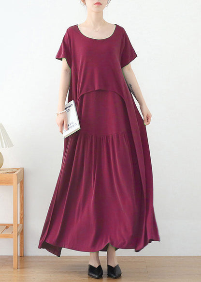 Red O-neck Exra Large Hem Long Dress Short Sleeve