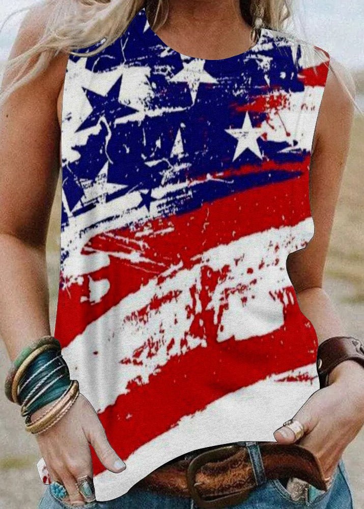 Red O-neck Flag Print Cotton Tank Top Sleeveless