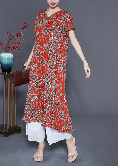 Red O-neck Print Cotton Long Dress Summer