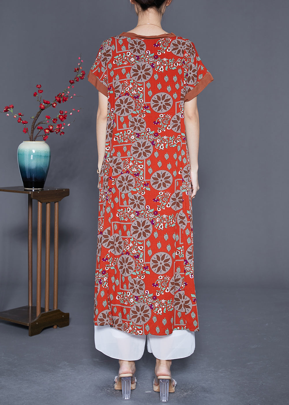 Red O-neck Print Cotton Long Dress Summer