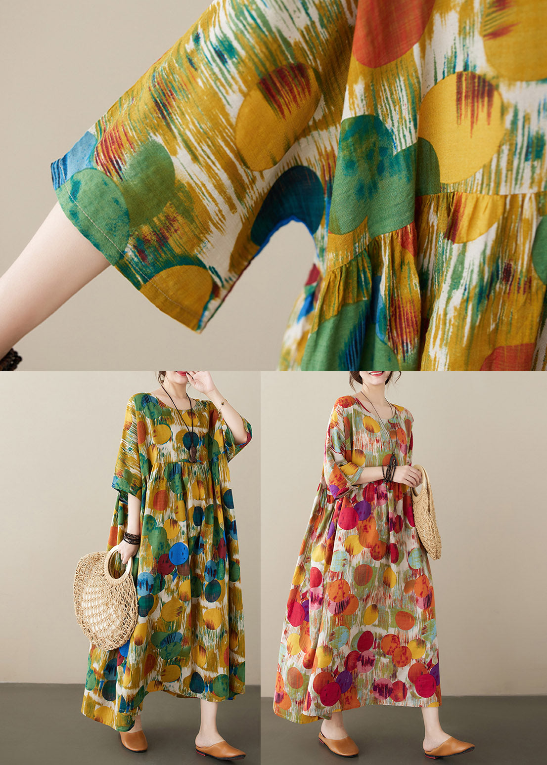 Red O-neck Print Cozy Long Dress Summer