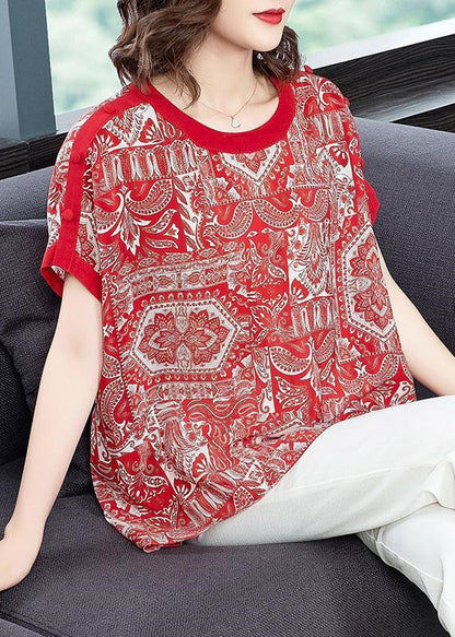 Red O-neck Print Draping Chiffon Tank Tops Short Sleeve