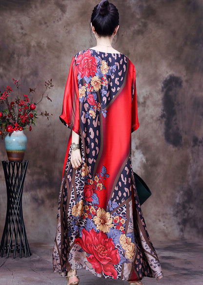 Red O-neck Print Side Open Silk Long Dress Short Sleeve