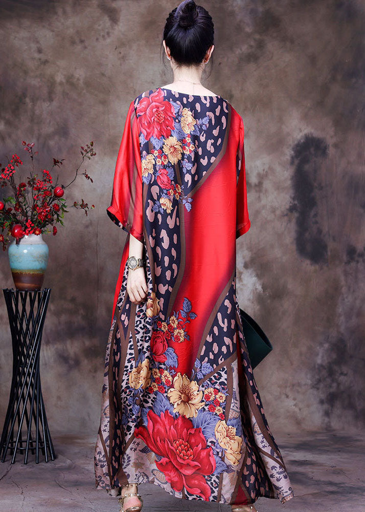Red O-neck Print Side Open Silk Long Dress Short Sleeve