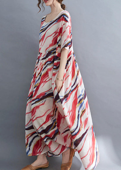 Red O-neck Print Wrinkled Long Dress Short Sleeve