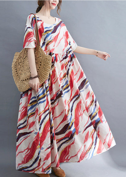 Red O-neck Print Wrinkled Long Dress Short Sleeve