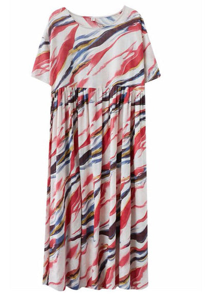 Red O-neck Print Wrinkled Long Dress Short Sleeve