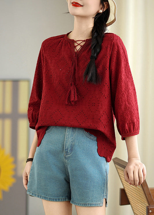 Red Oversized Hollow Out Cotton Shirt Top Summer