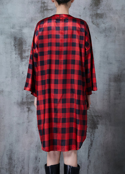 Red Oversized Plaid Shirt Dresses Spring