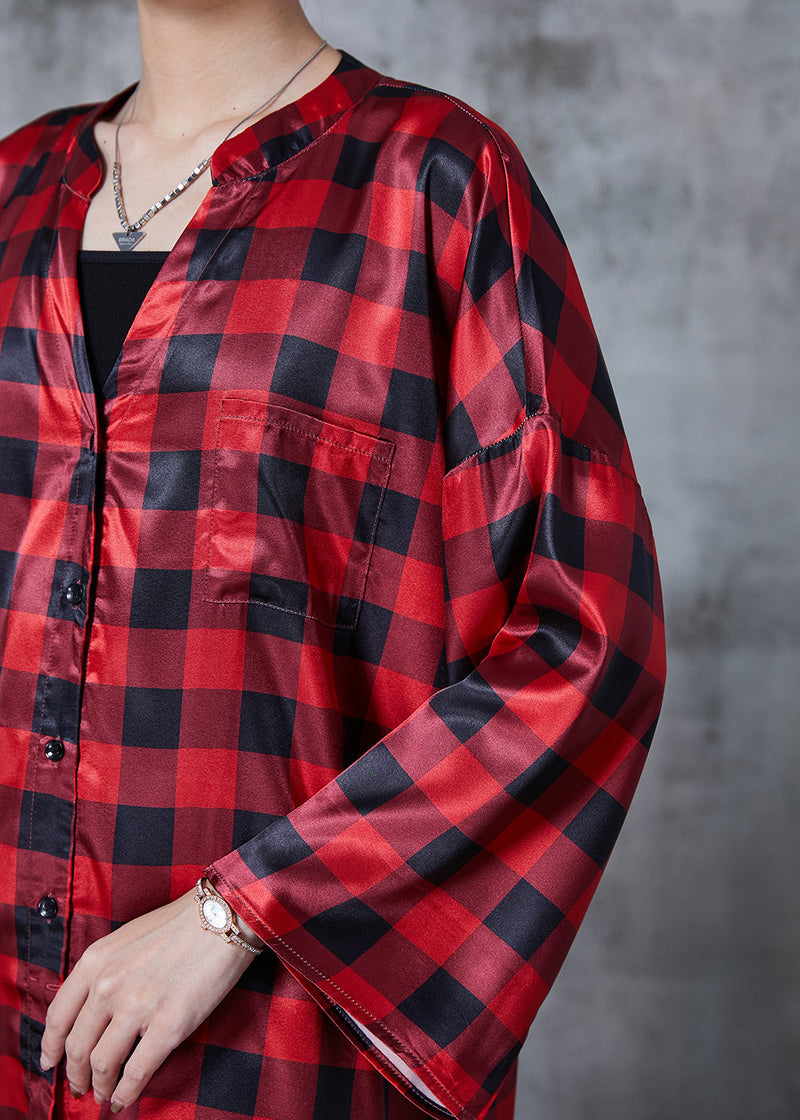 Red Oversized Plaid Shirt Dresses Spring