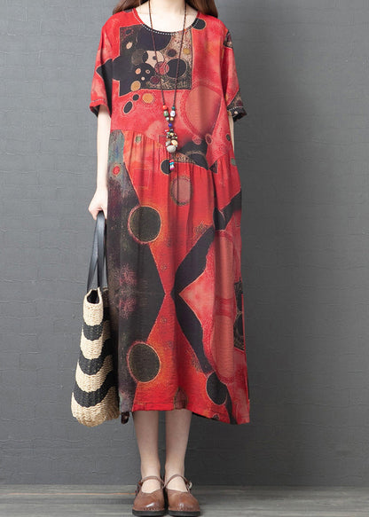 Red Oversized Print Linen Dress Summer
