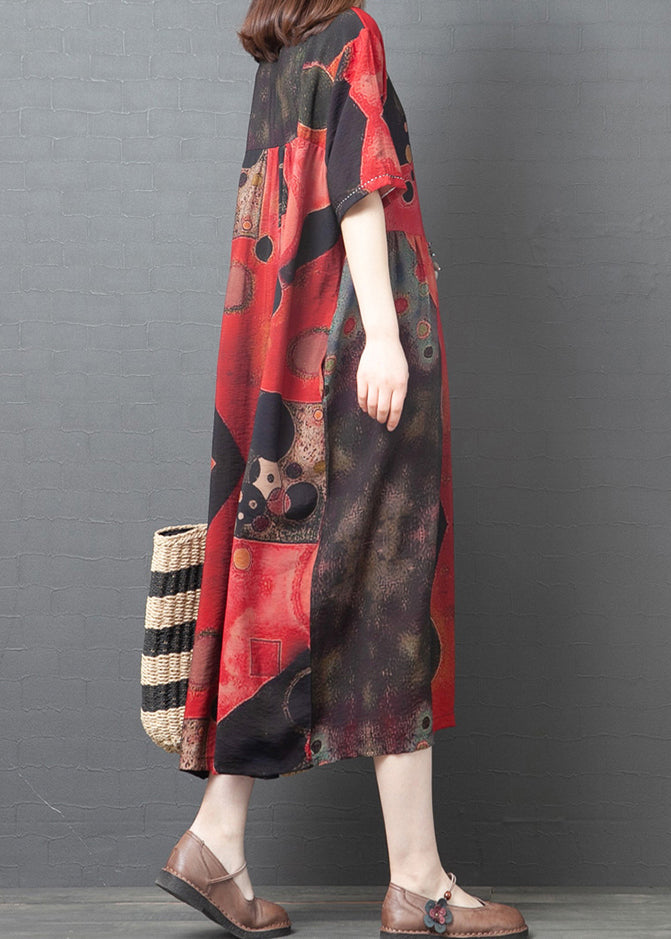 Red Oversized Print Linen Dress Summer