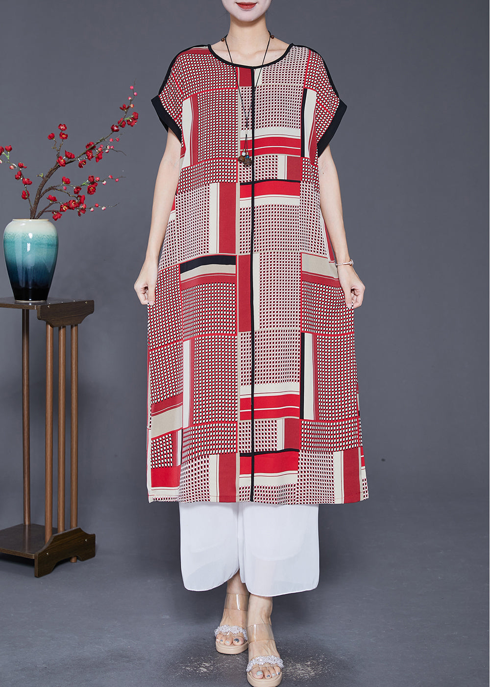 Red Oversized Print Silk Long Dress Summer