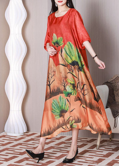 Red Oversized Print Silk Maxi Dresses Half Sleeve