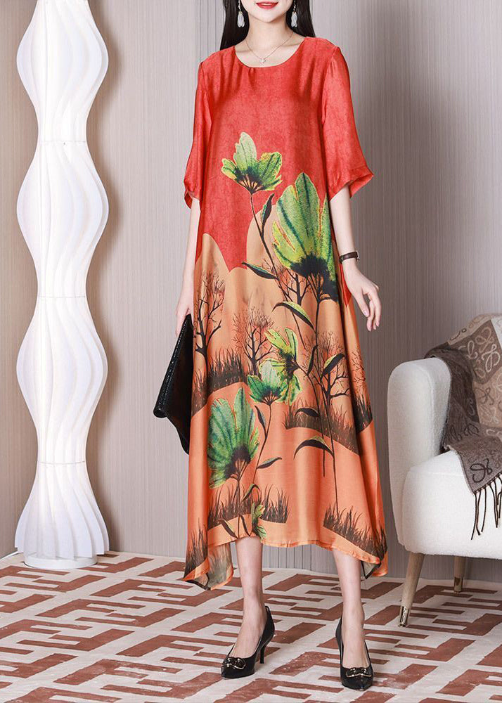 Red Oversized Print Silk Maxi Dresses Half Sleeve