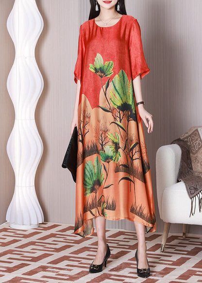 Red Oversized Print Silk Maxi Dresses Half Sleeve