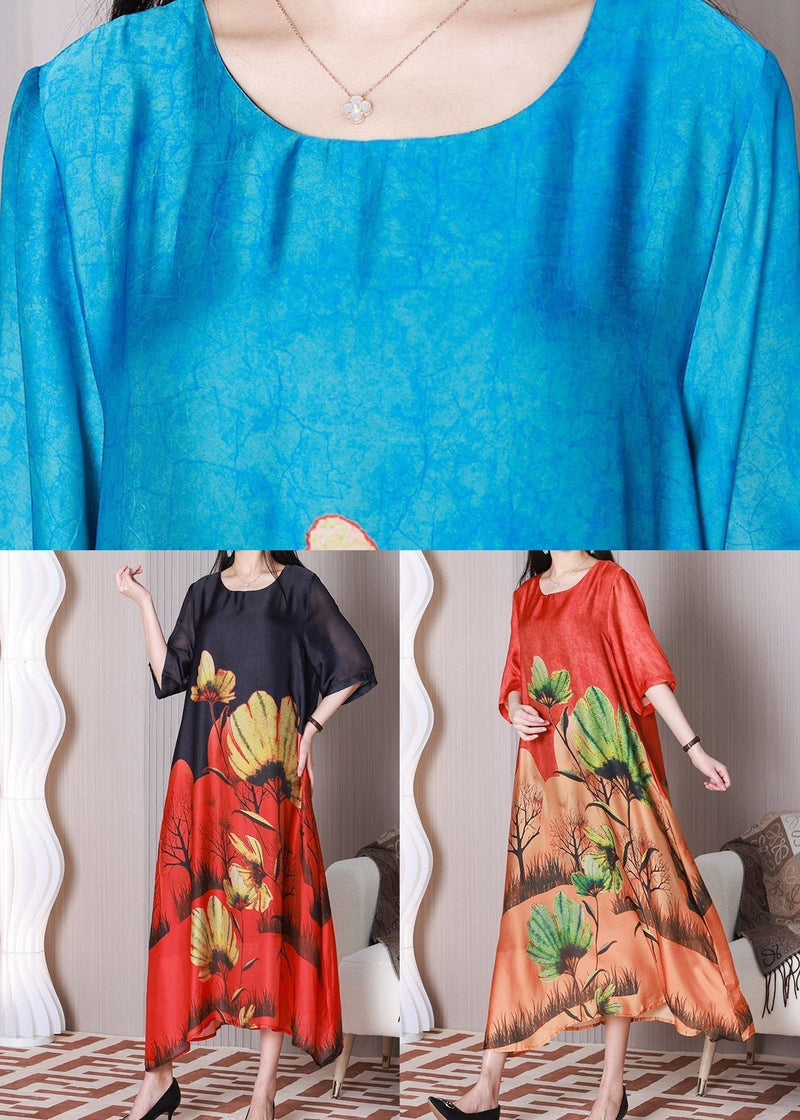 Red Oversized Print Silk Maxi Dresses Half Sleeve