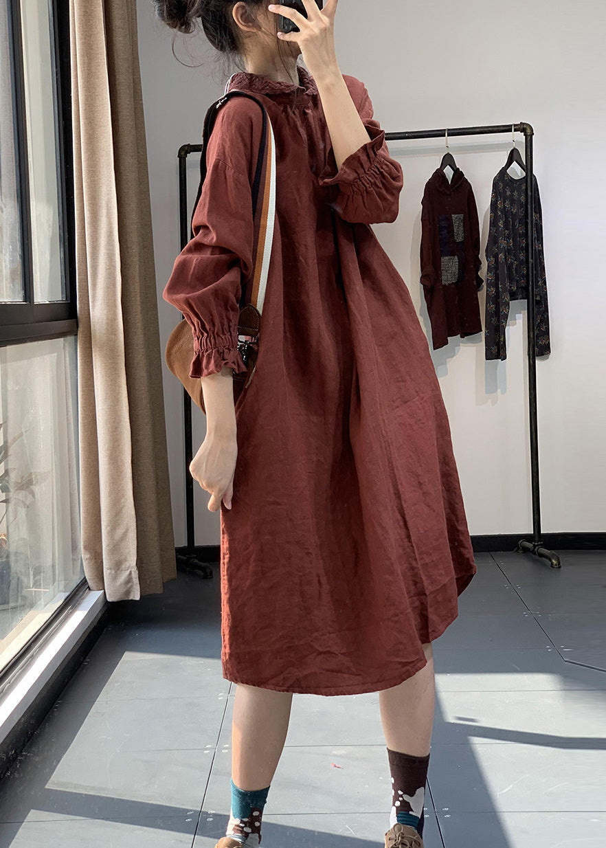 Red Peter Pan Collar Lace Patchwork Cotton Dress Spring