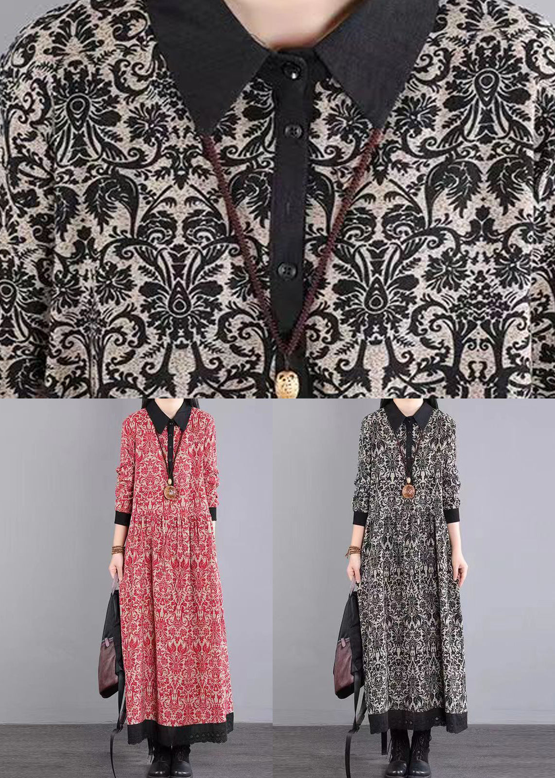 Red Peter Pan Collar Patchwork Cotton Long Dress Fall