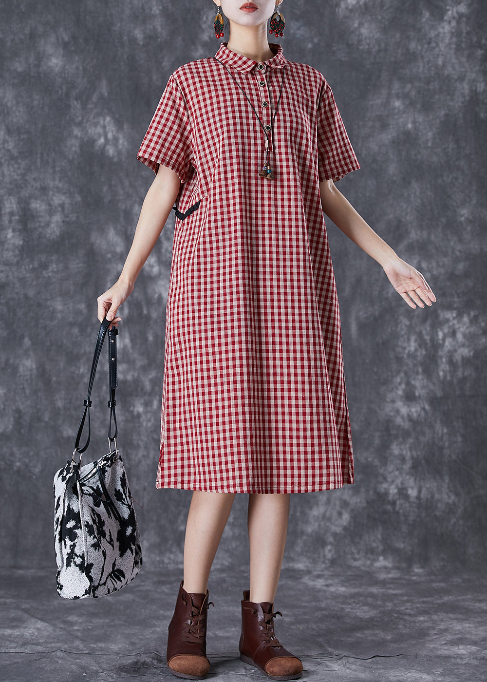 Red Peter Pan Collar Plaid Linen Maxi Dress Summer