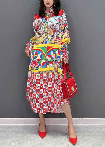 Red Peter Pan Collar Print Vacation Dresses Fall